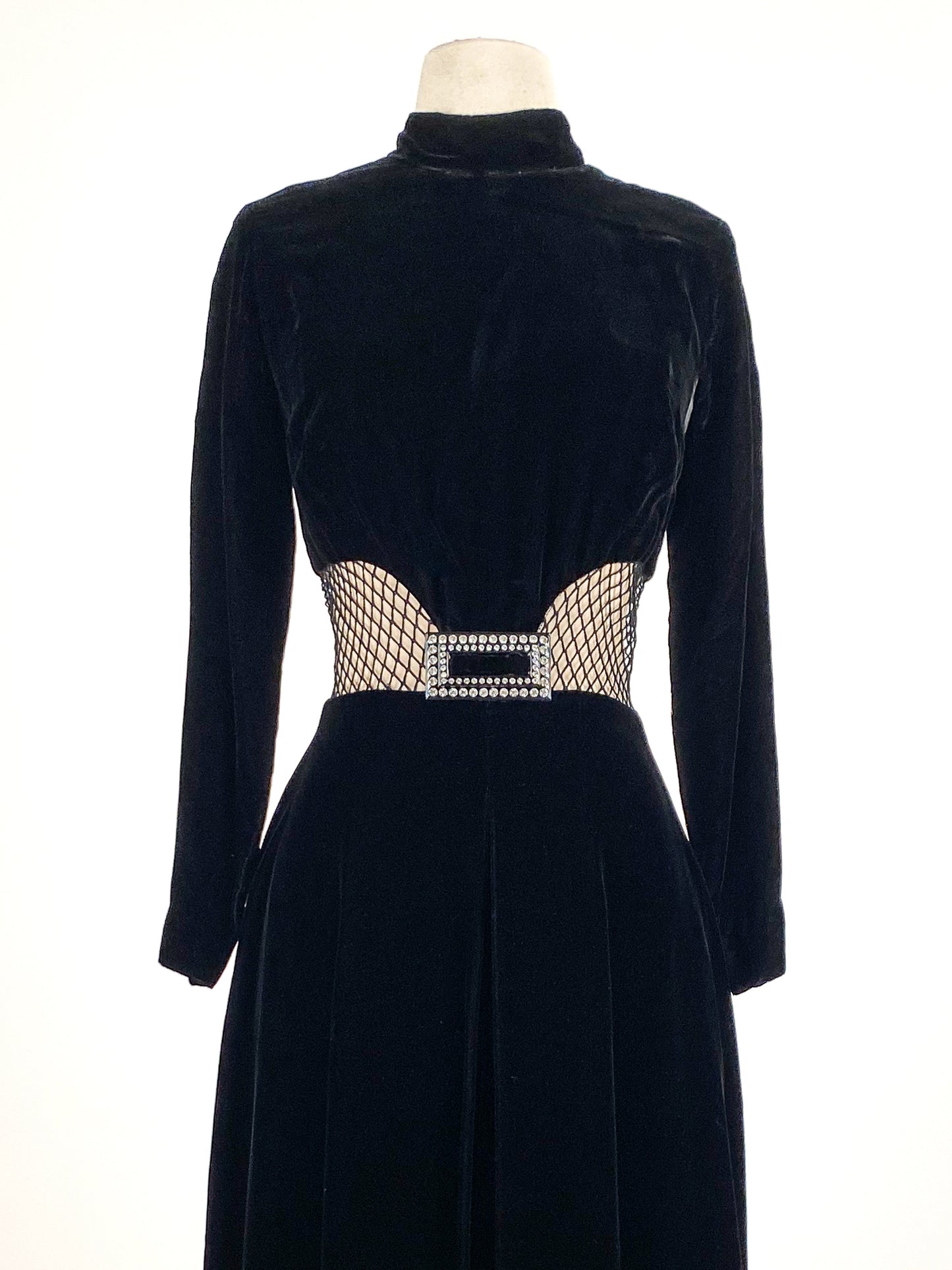 1960s Vampy Black Velvet Wide Leg Jumpsuit with Sheer Cutouts / Waist 26