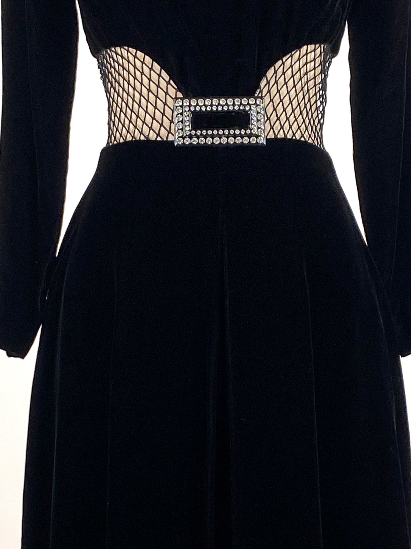 1960s Vampy Black Velvet Wide Leg Jumpsuit with Sheer Cutouts / Waist 26