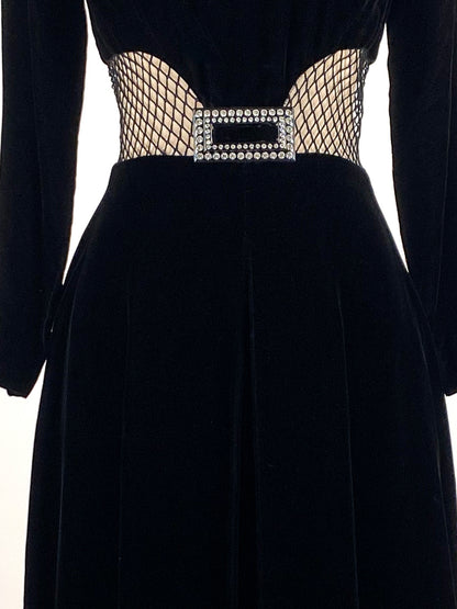 1960s Vampy Black Velvet Wide Leg Jumpsuit with Sheer Cutouts / Waist 26
