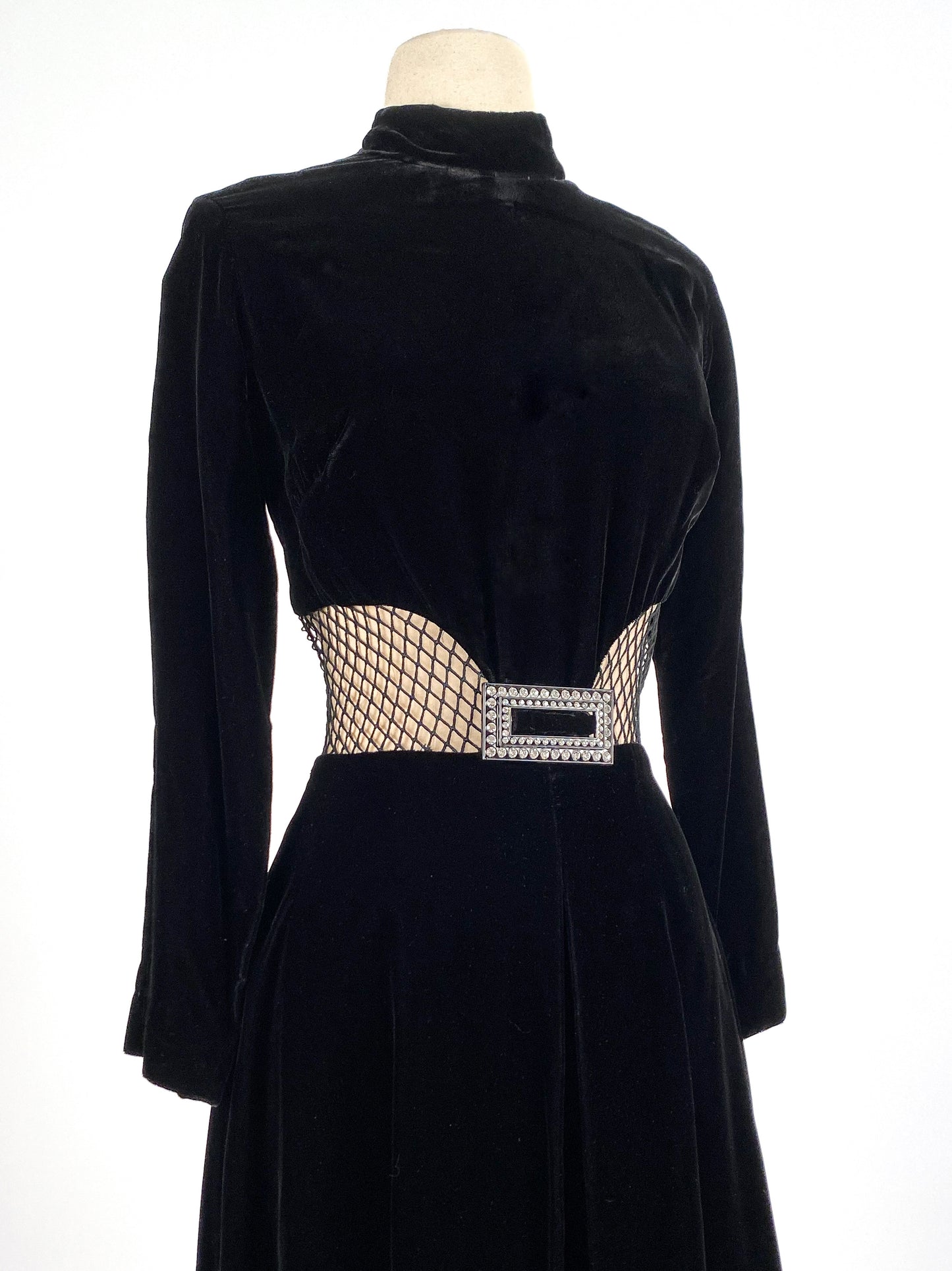 1960s Vampy Black Velvet Wide Leg Jumpsuit with Sheer Cutouts / Waist 26