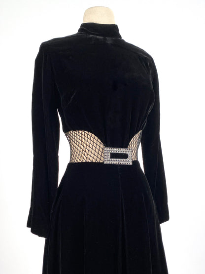 1960s Vampy Black Velvet Wide Leg Jumpsuit with Sheer Cutouts / Waist 26