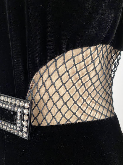 1960s Vampy Black Velvet Wide Leg Jumpsuit with Sheer Cutouts / Waist 26