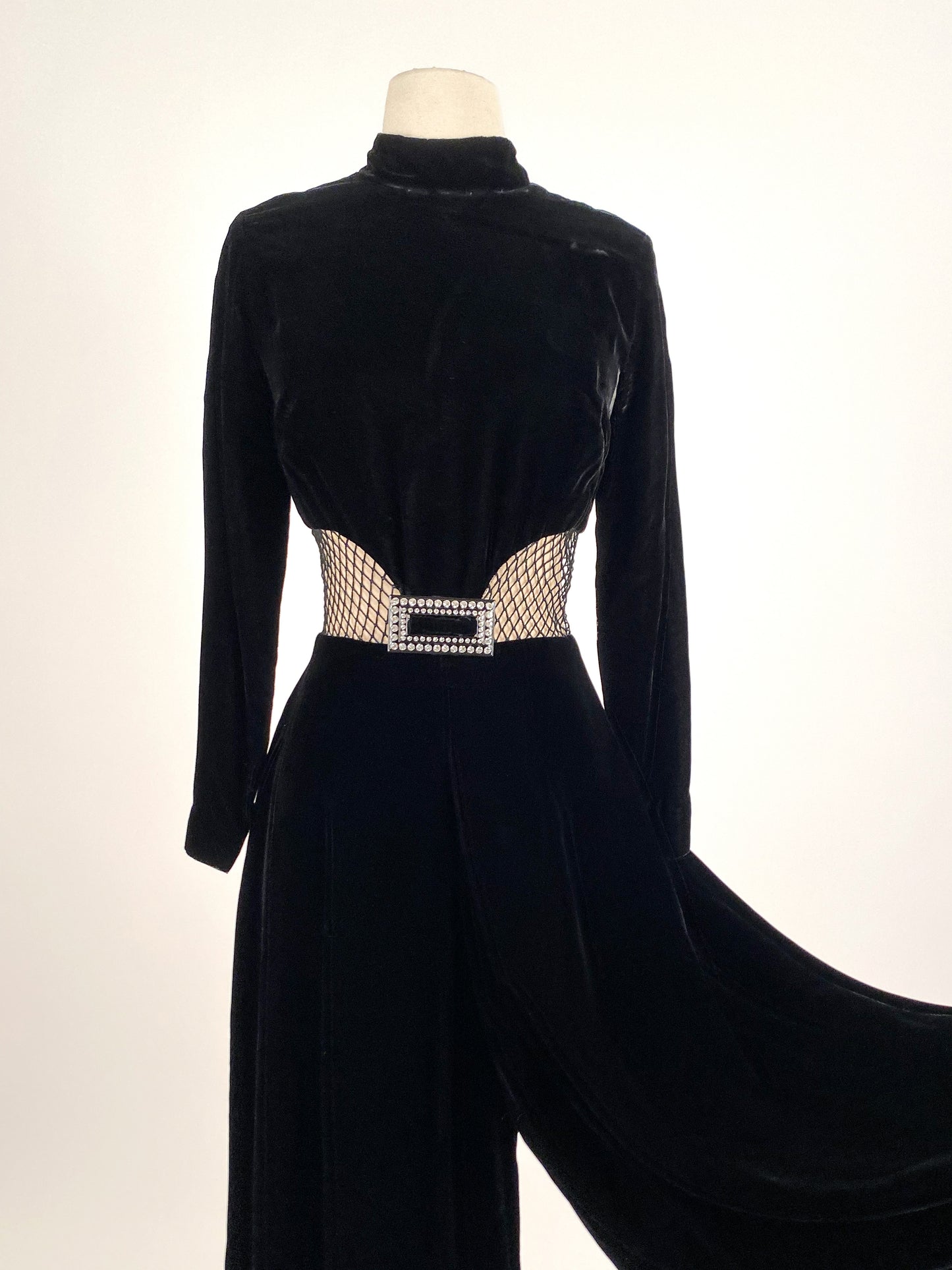 1960s Vampy Black Velvet Wide Leg Jumpsuit with Sheer Cutouts / Waist 26