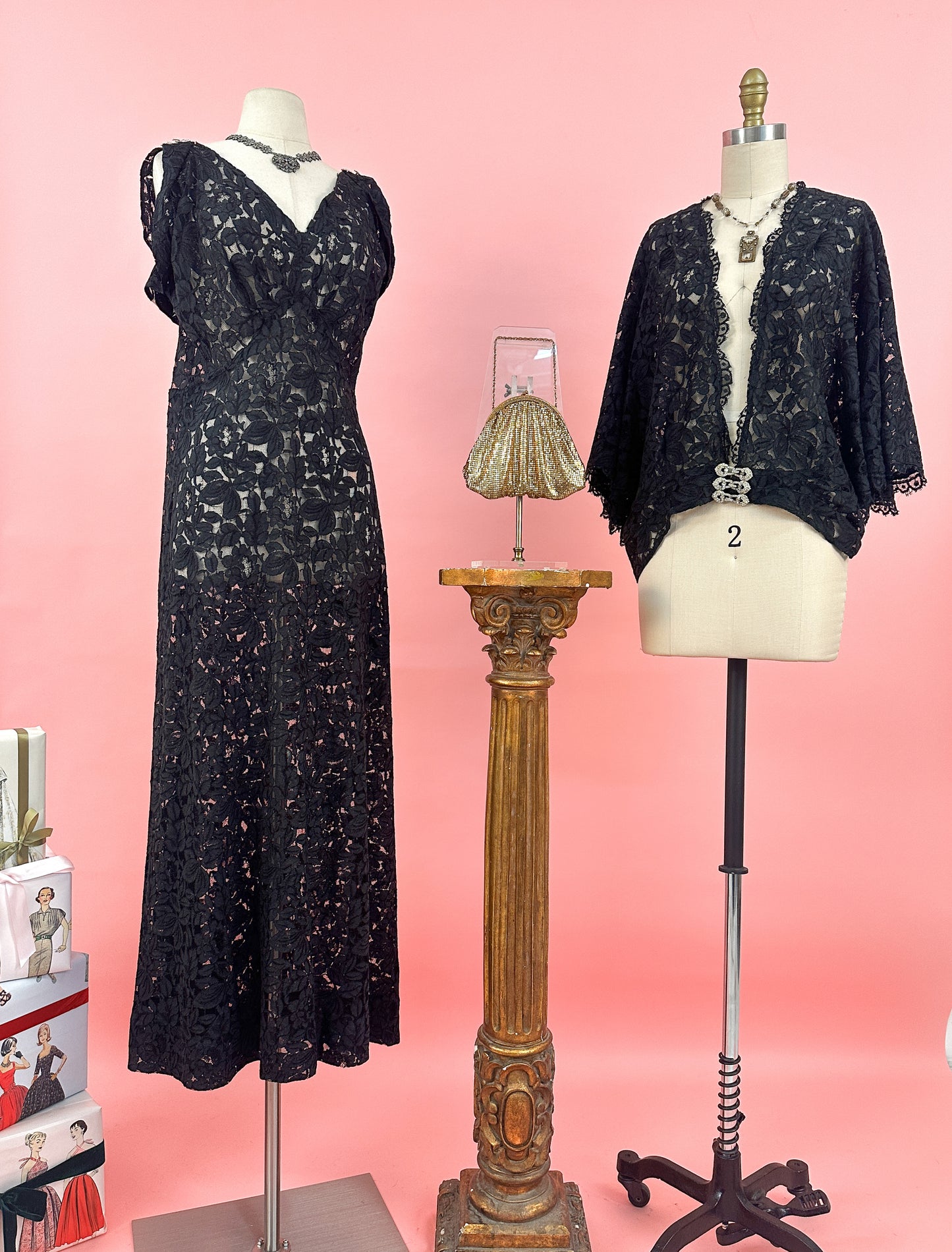 1930s Lace Bias Dress with Evening Jacket / Waist 32