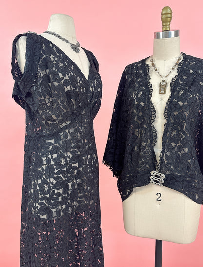 1930s Lace Bias Dress with Evening Jacket / Waist 32