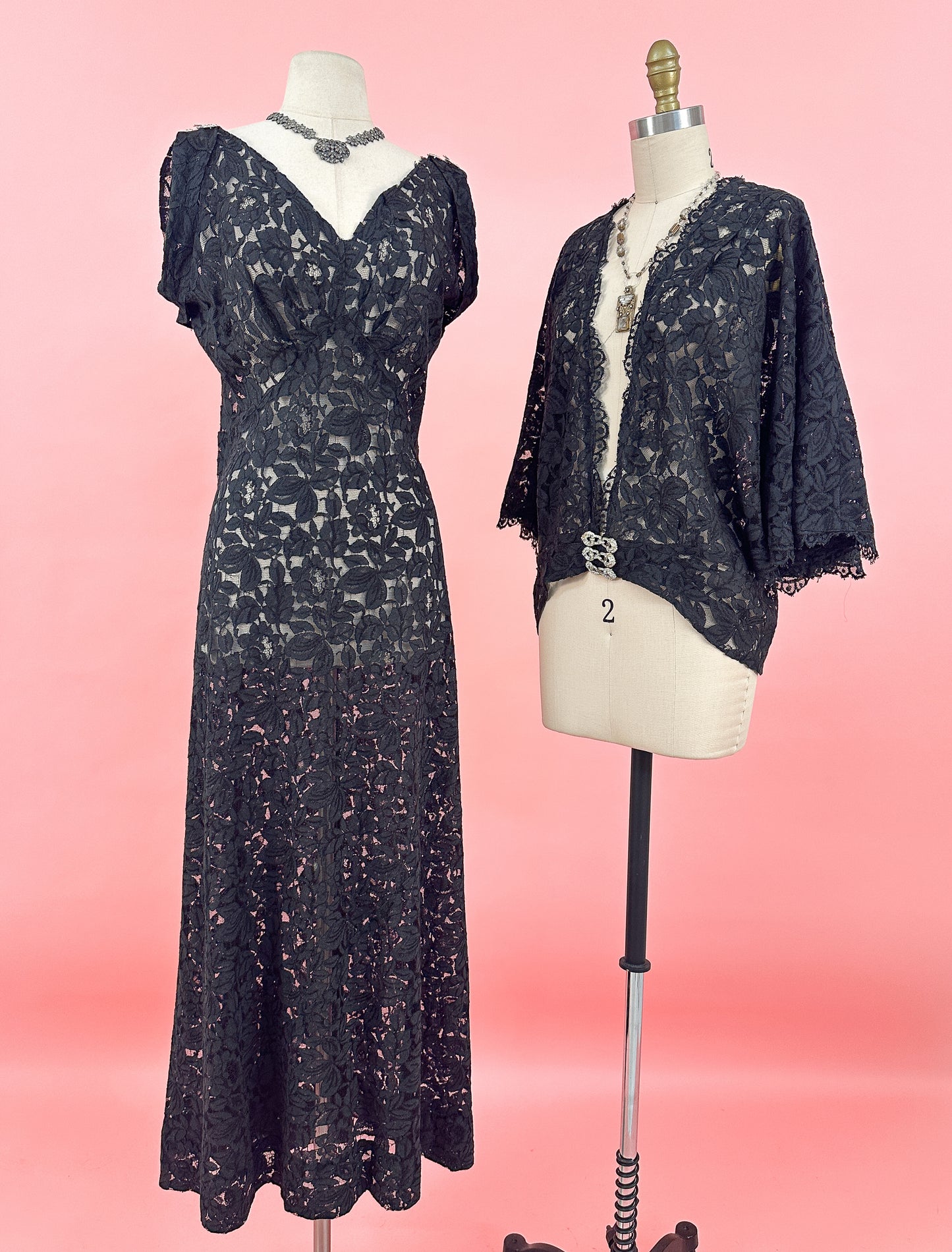 1930s Lace Bias Dress with Evening Jacket / Waist 32