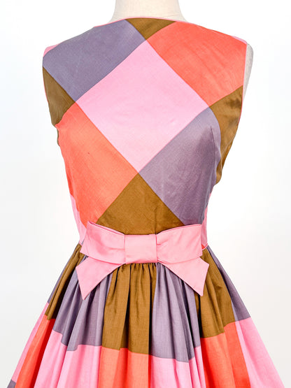 1950 – 60s Cotton Color-Block Plaid Bubble Dress / Waist 26