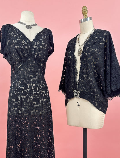 1930s Lace Bias Dress with Evening Jacket / Waist 32