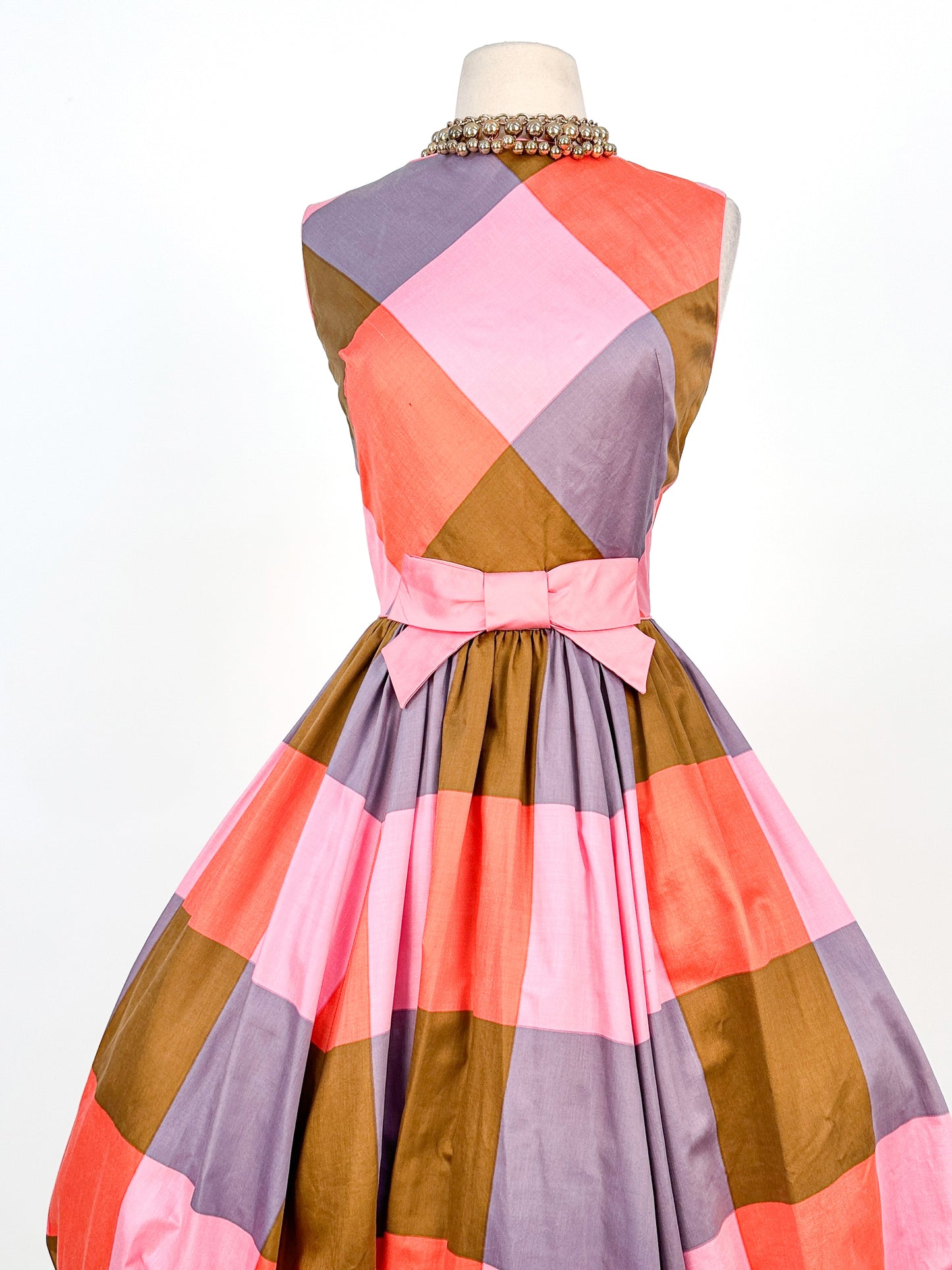 1950 – 60s Cotton Color-Block Plaid Bubble Dress / Waist 26