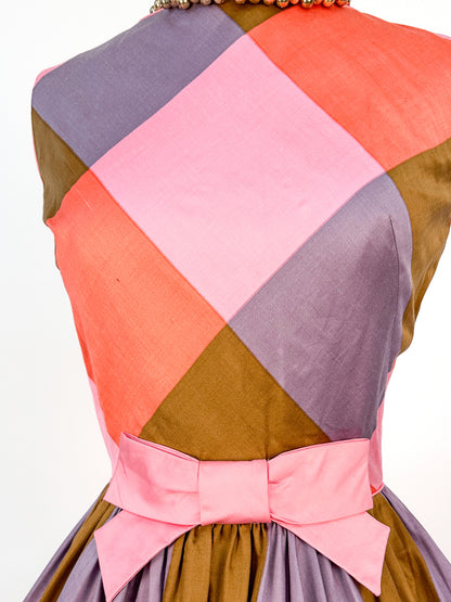 1950 – 60s Cotton Color-Block Plaid Bubble Dress / Waist 26