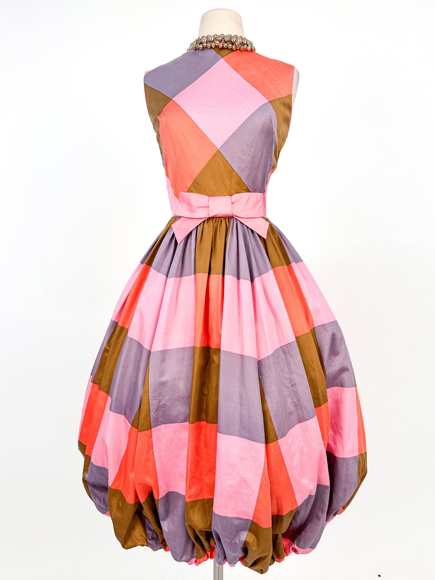 1950 – 60s Cotton Color-Block Plaid Bubble Dress / Waist 26