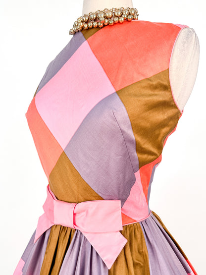 1950 – 60s Cotton Color-Block Plaid Bubble Dress / Waist 26