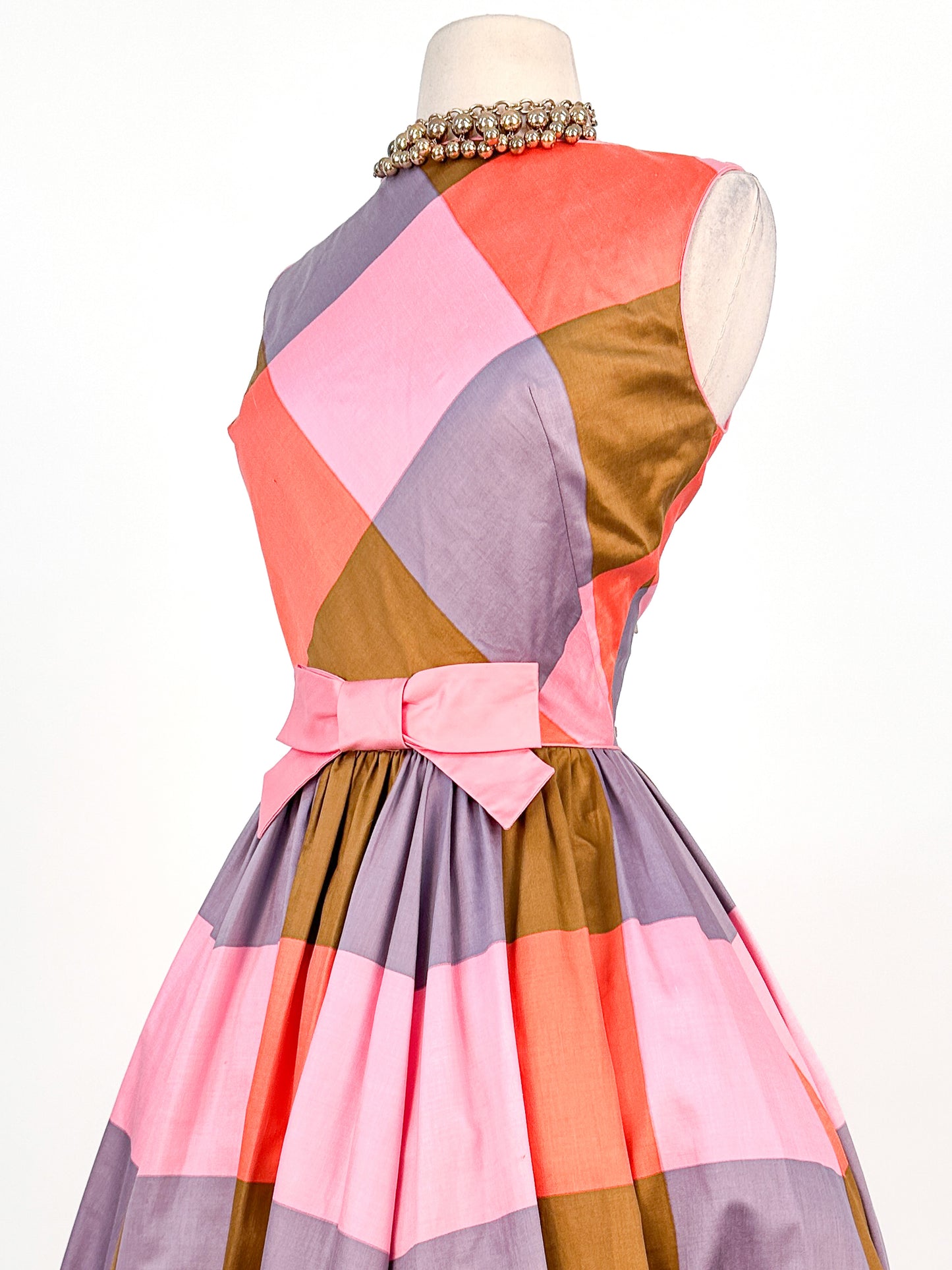 1950 – 60s Cotton Color-Block Plaid Bubble Dress / Waist 26