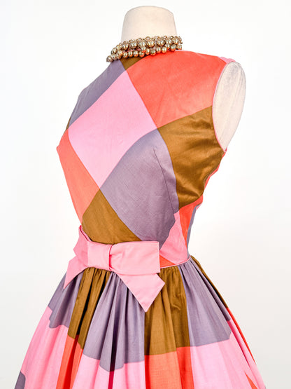1950 – 60s Cotton Color-Block Plaid Bubble Dress / Waist 26