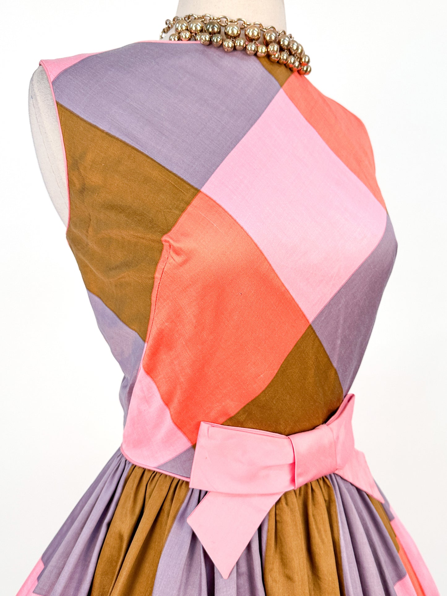 1950 – 60s Cotton Color-Block Plaid Bubble Dress / Waist 26