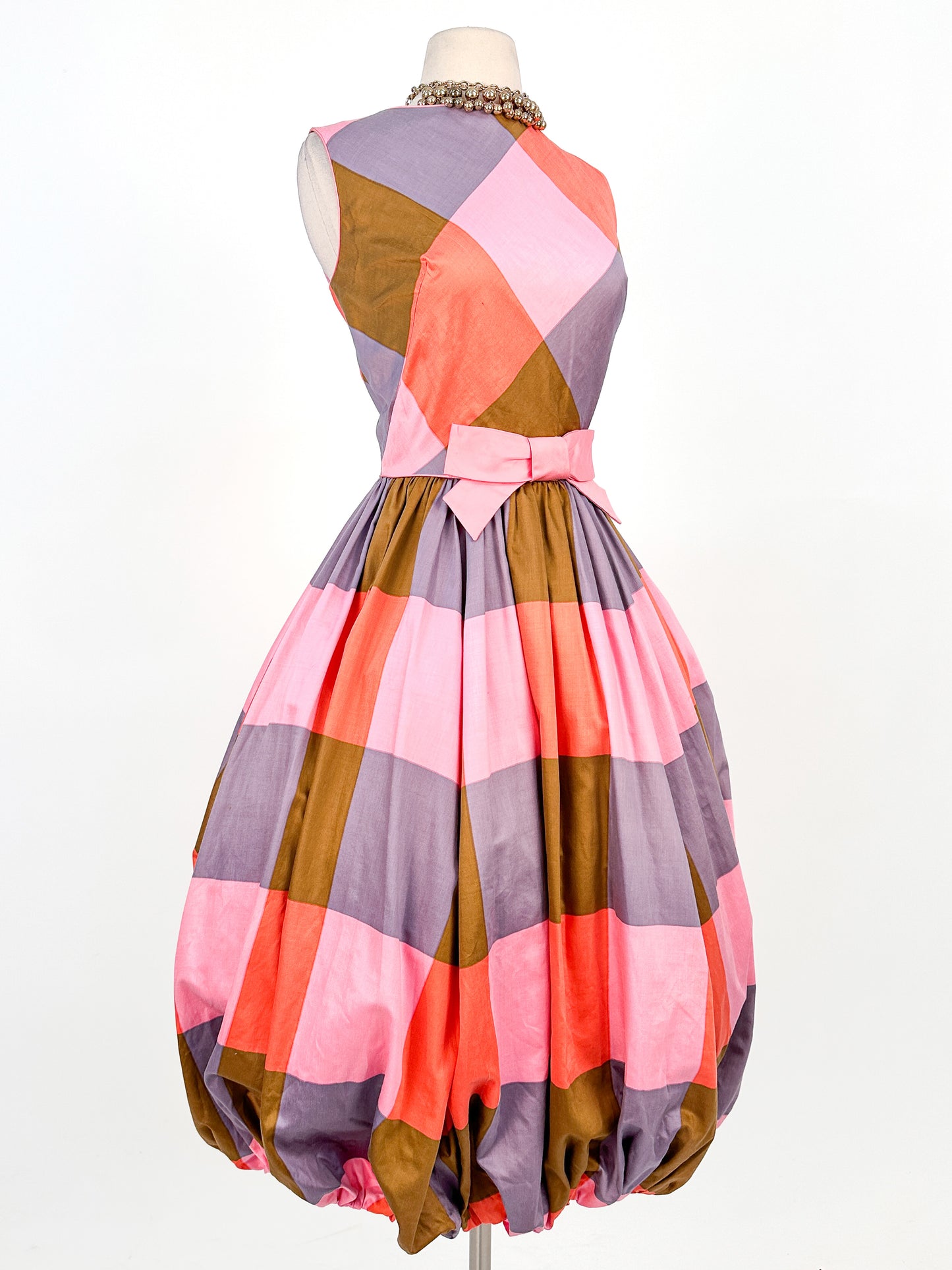 1950 – 60s Cotton Color-Block Plaid Bubble Dress / Waist 26