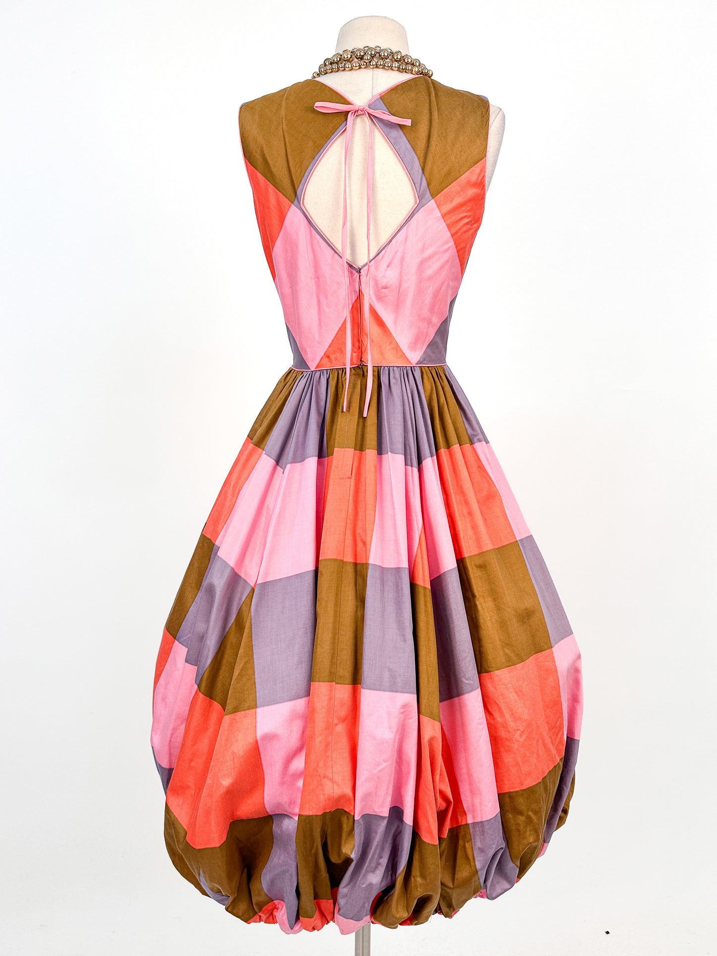 1950 – 60s Cotton Color-Block Plaid Bubble Dress / Waist 26