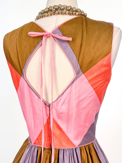 1950 – 60s Cotton Color-Block Plaid Bubble Dress / Waist 26