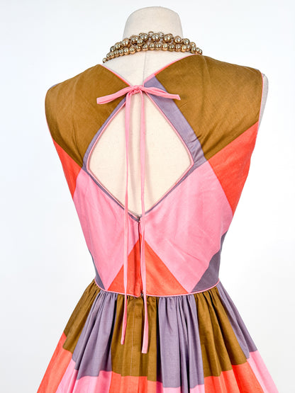 1950 – 60s Cotton Color-Block Plaid Bubble Dress / Waist 26