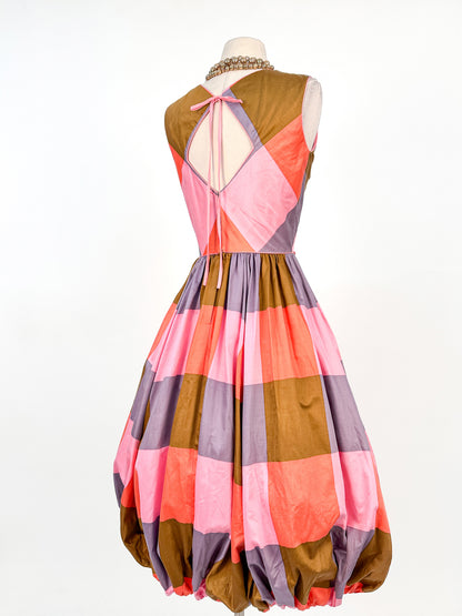 1950 – 60s Cotton Color-Block Plaid Bubble Dress / Waist 26