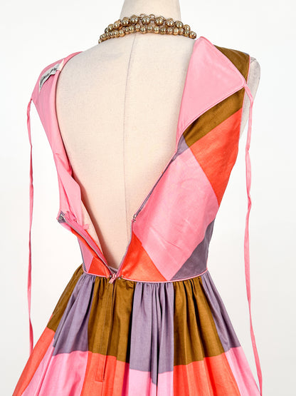 1950 – 60s Cotton Color-Block Plaid Bubble Dress / Waist 26