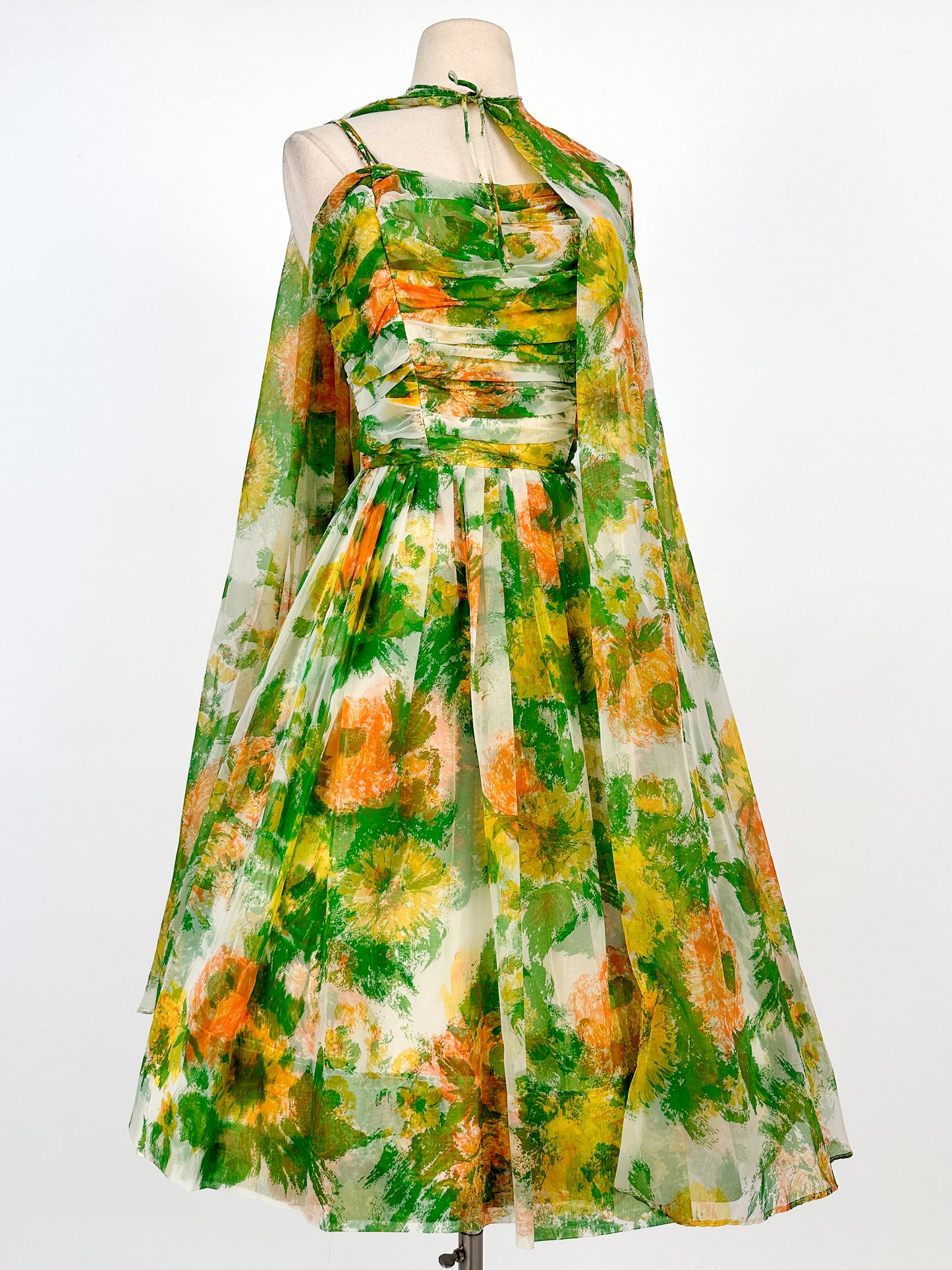 1950-60s Floral Chiffon Dress with Matching Cape / Waist 27