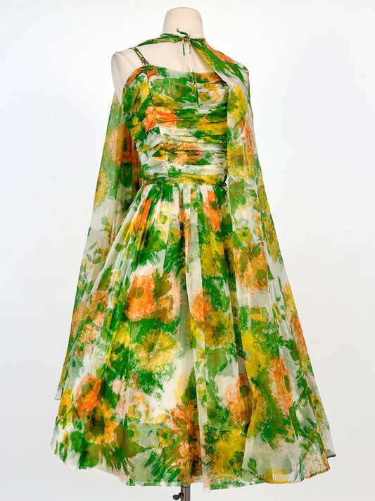 1950-60s Floral Chiffon Dress with Matching Cape / Waist 27