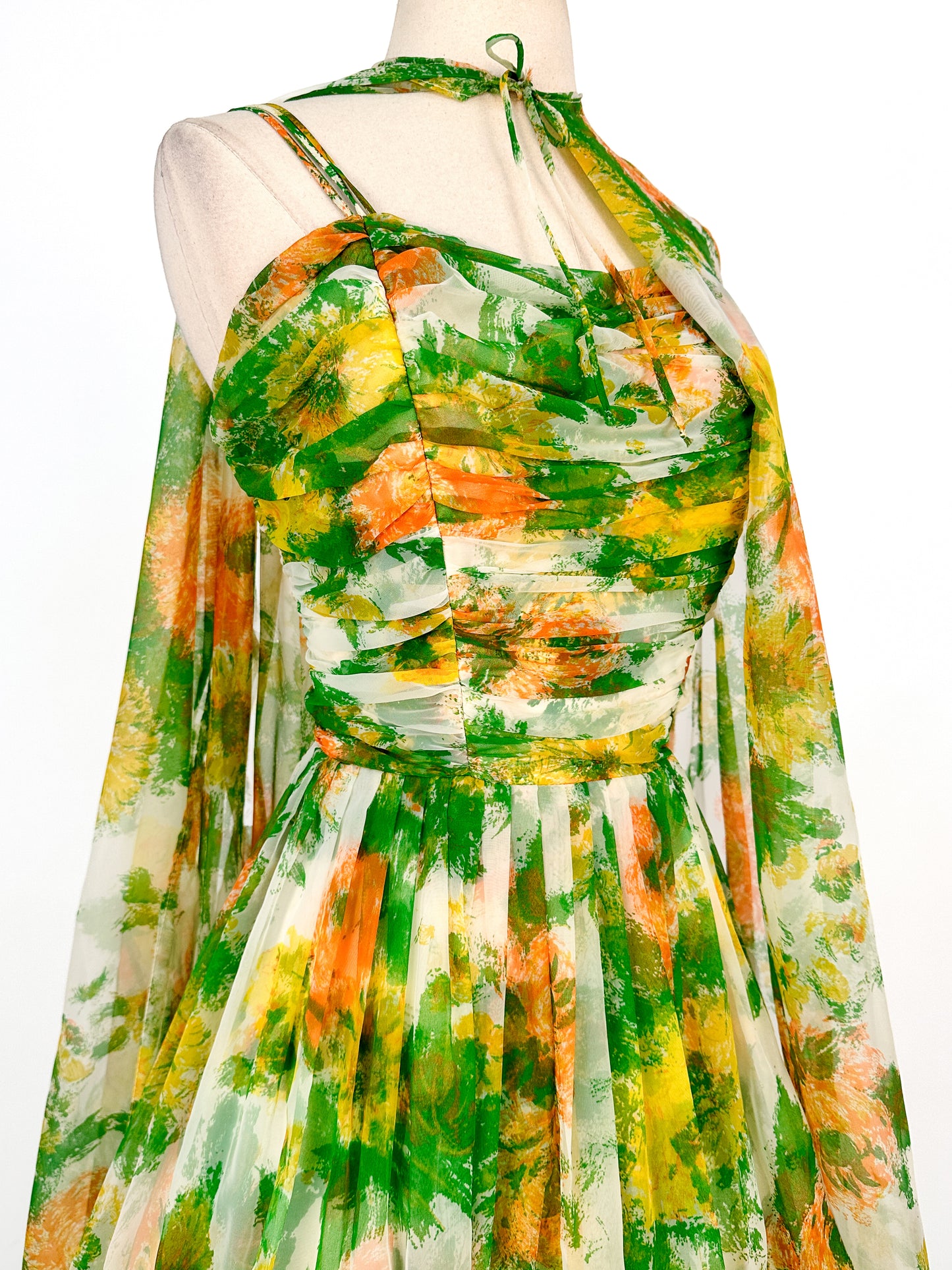1950-60s Floral Chiffon Dress with Matching Cape / Waist 27