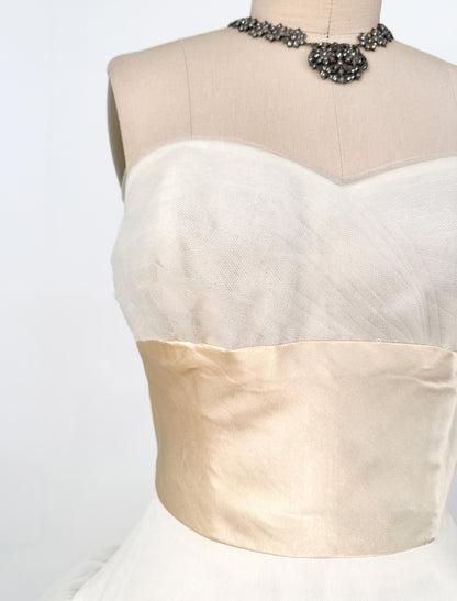 1950s Glamorous Tulle and Satin Wedding Gown / Waist 24.5