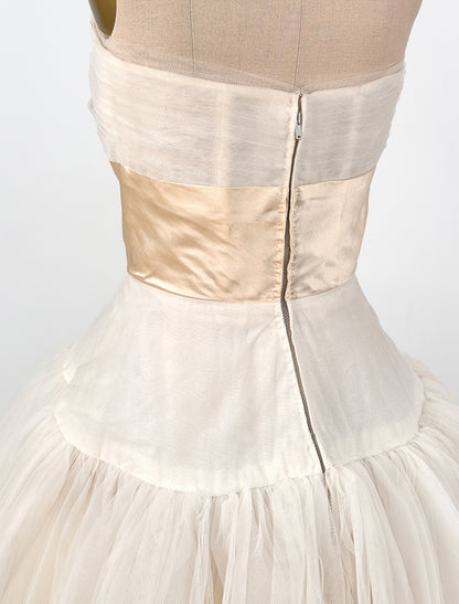1950s Glamorous Tulle and Satin Wedding Gown / Waist 24.5
