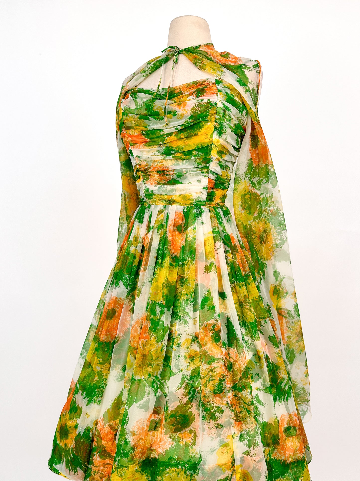 1950-60s Floral Chiffon Dress with Matching Cape / Waist 27