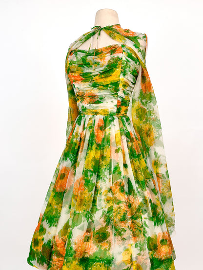 1950-60s Floral Chiffon Dress with Matching Cape / Waist 27