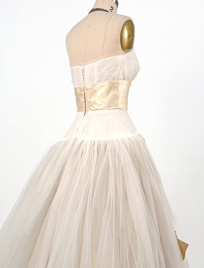 1950s Glamorous Tulle and Satin Wedding Gown / Waist 24.5