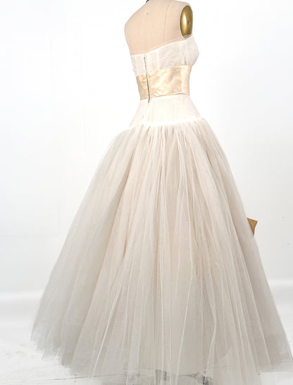 1950s Glamorous Tulle and Satin Wedding Gown / Waist 24.5