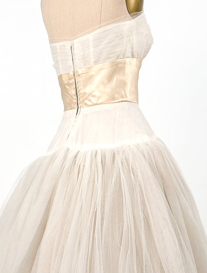 1950s Glamorous Tulle and Satin Wedding Gown / Waist 24.5