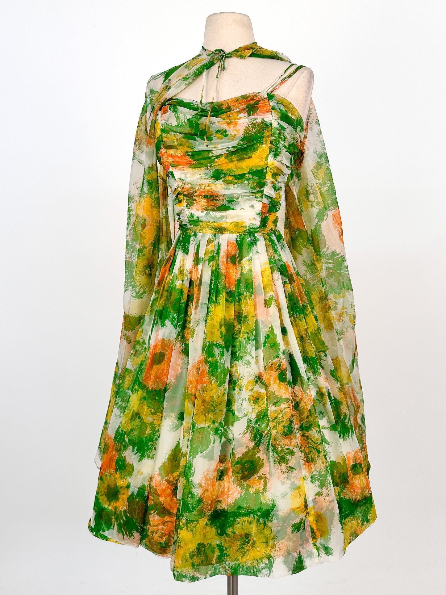 1950-60s Floral Chiffon Dress with Matching Cape / Waist 27