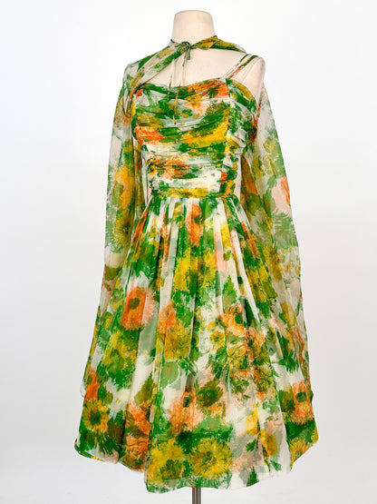1950-60s Floral Chiffon Dress with Matching Cape / Waist 27