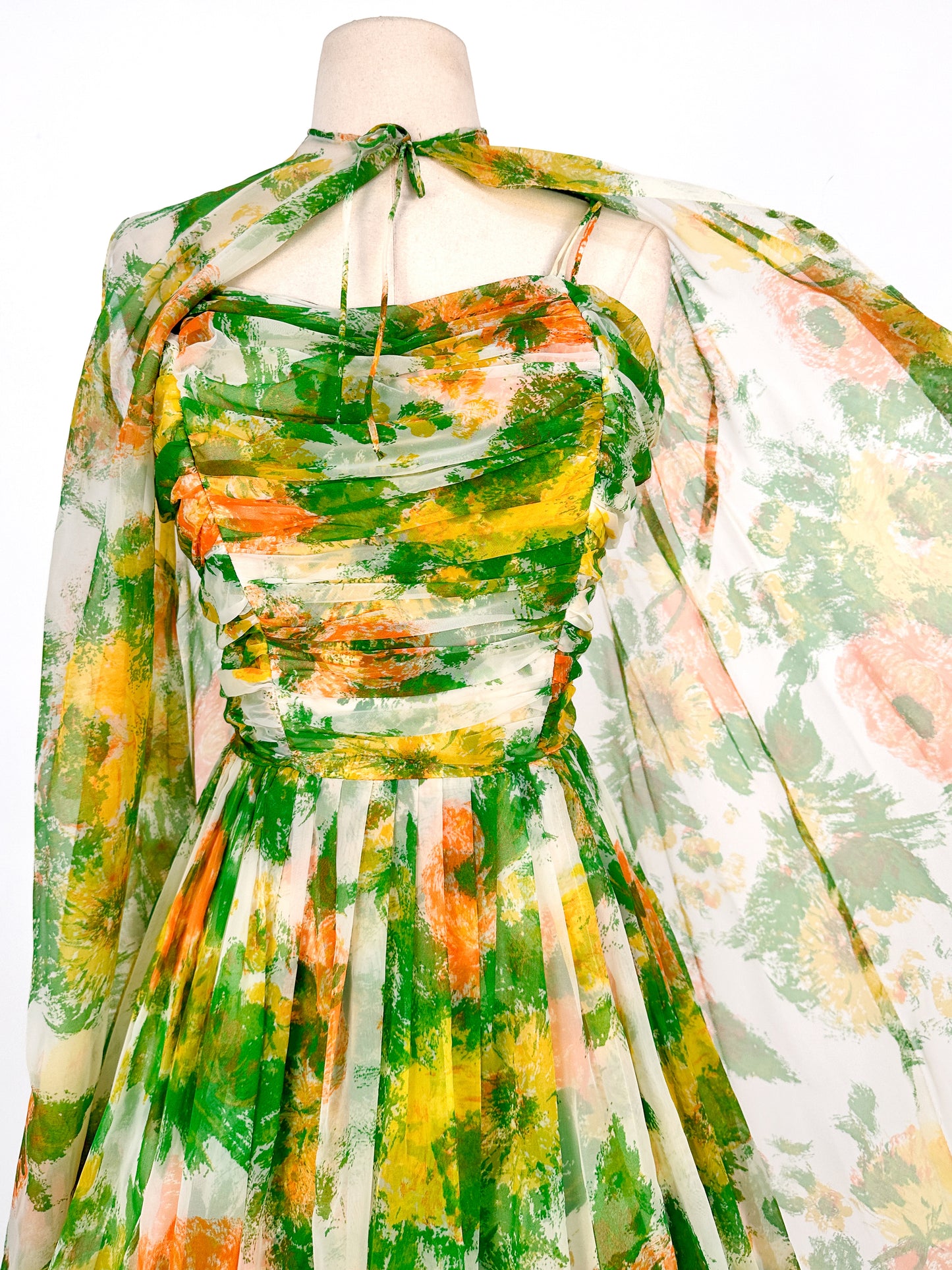 1950-60s Floral Chiffon Dress with Matching Cape / Waist 27