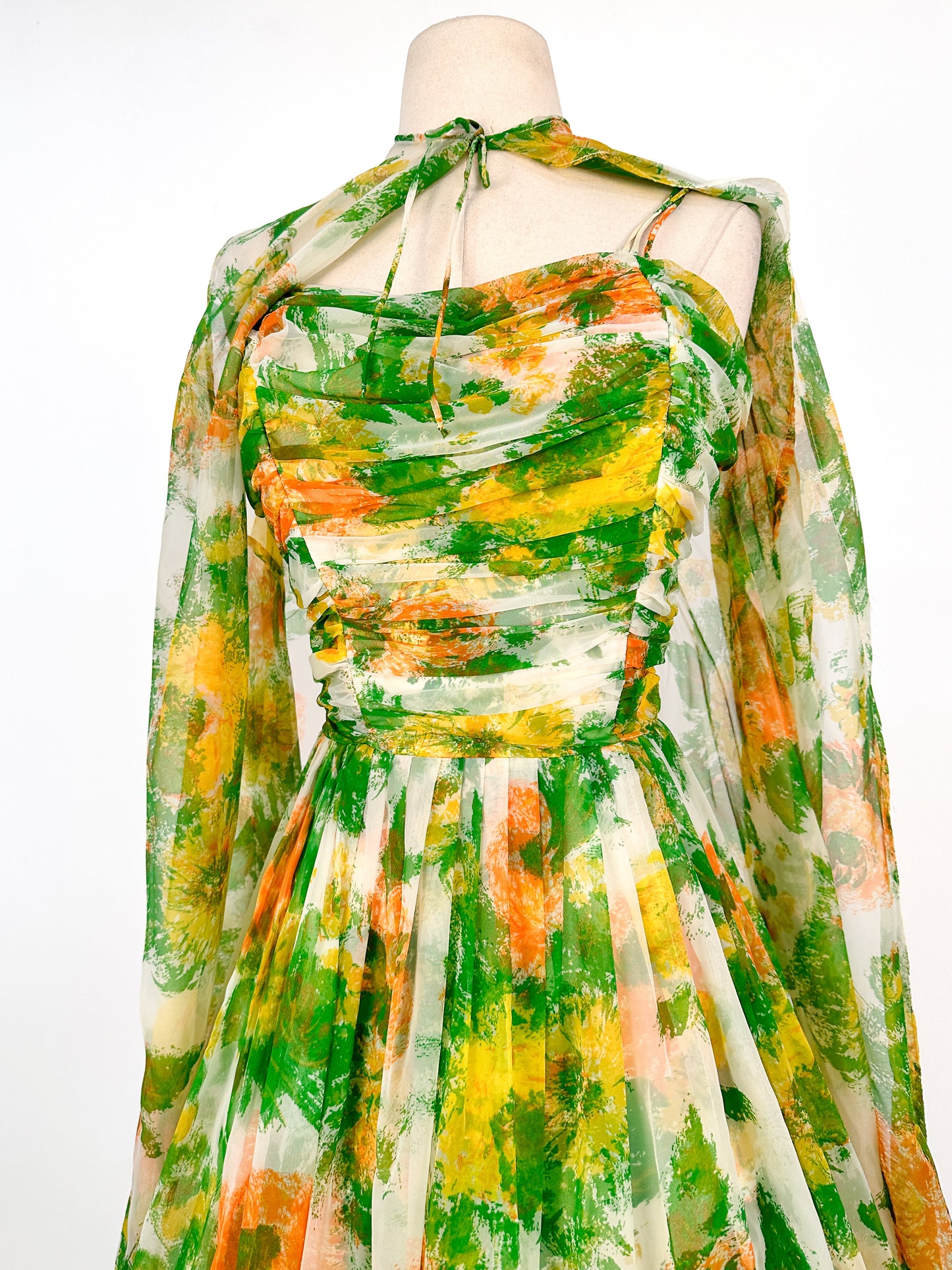1950-60s Floral Chiffon Dress with Matching Cape / Waist 27