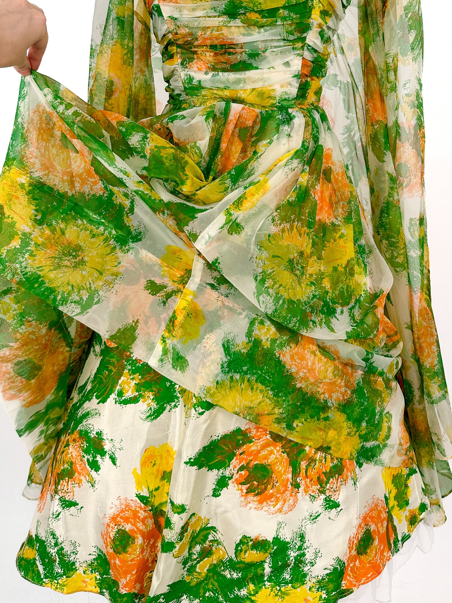 1950-60s Floral Chiffon Dress with Matching Cape / Waist 27