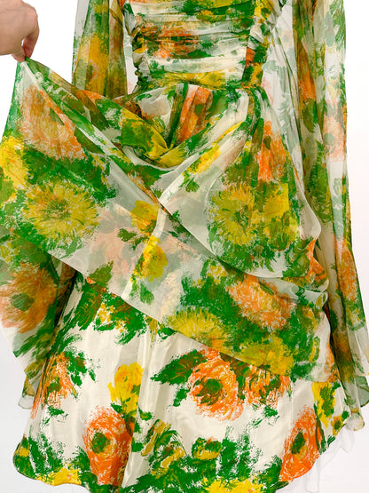 1950-60s Floral Chiffon Dress with Matching Cape / Waist 27