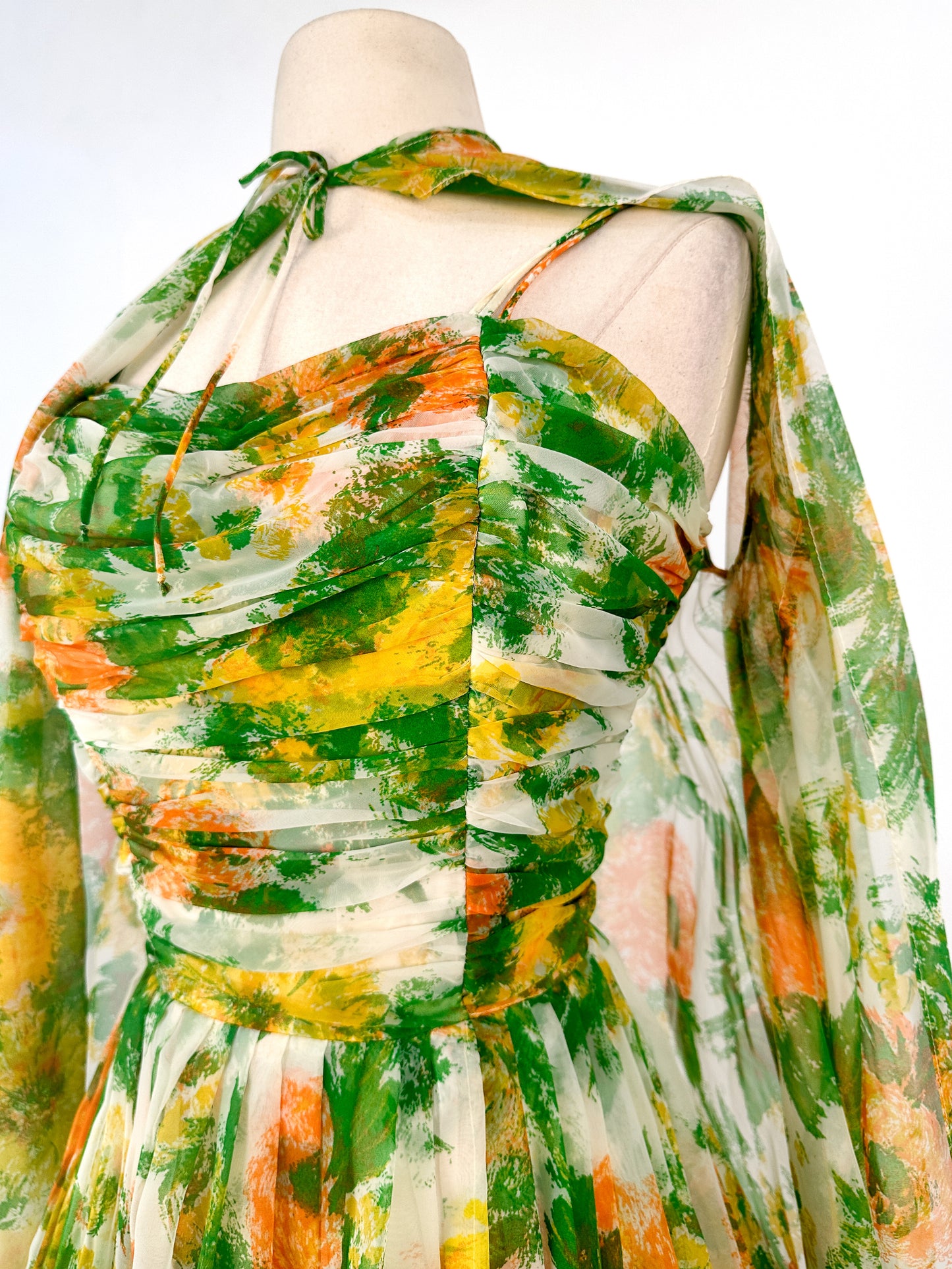 1950-60s Floral Chiffon Dress with Matching Cape / Waist 27