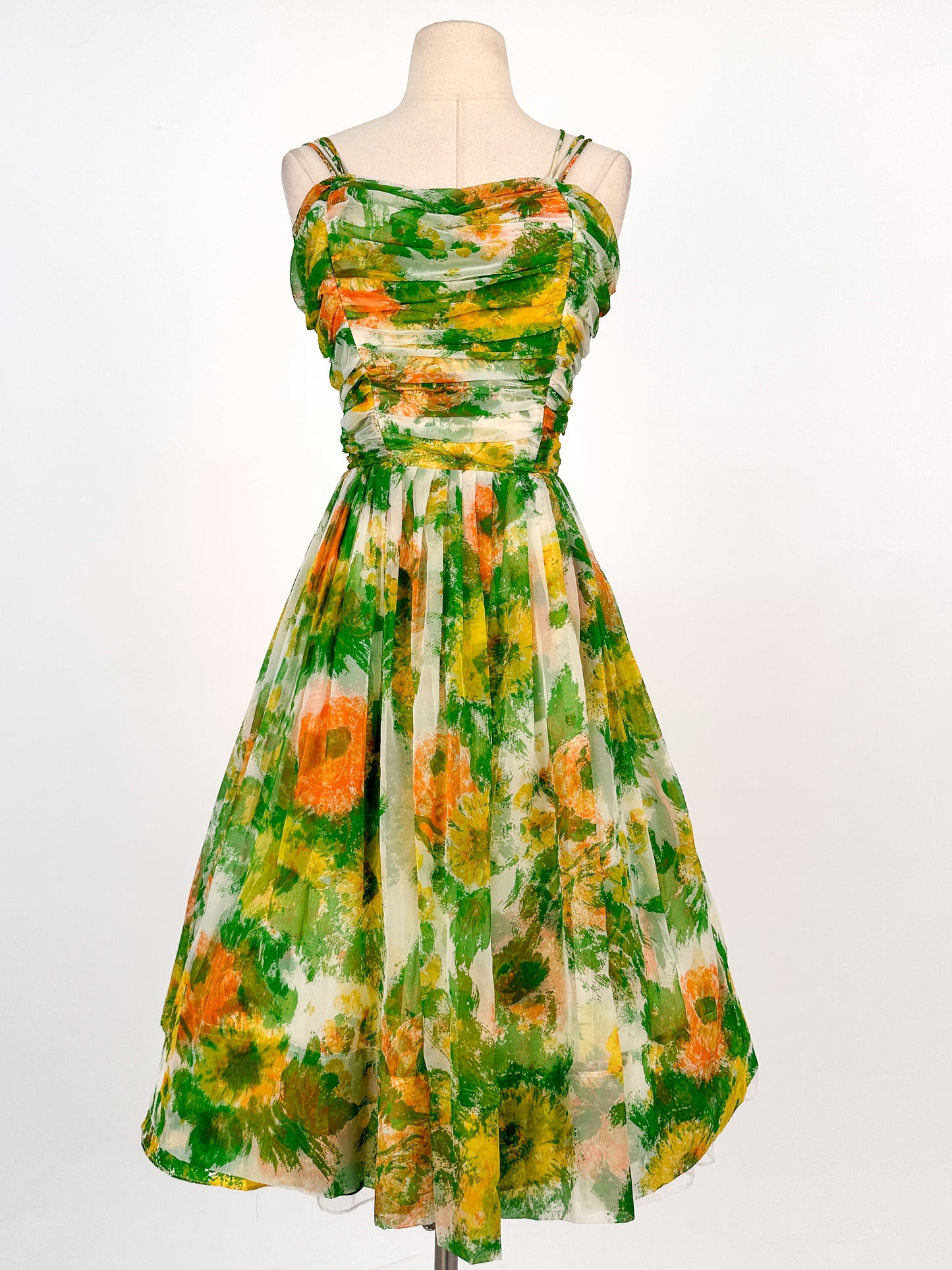 1950-60s Floral Chiffon Dress with Matching Cape / Waist 27