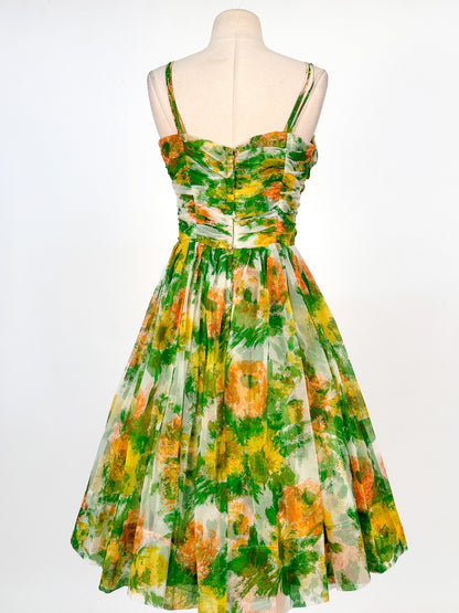 1950-60s Floral Chiffon Dress with Matching Cape / Waist 27