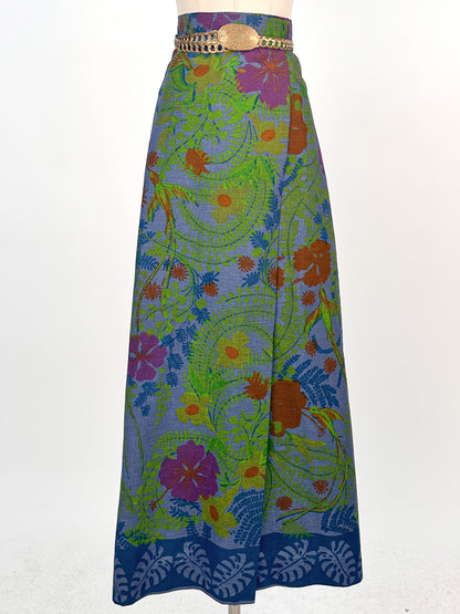 1960s Tropical Floral and Bird Print Cotton Wrap Skirt / Waist 30