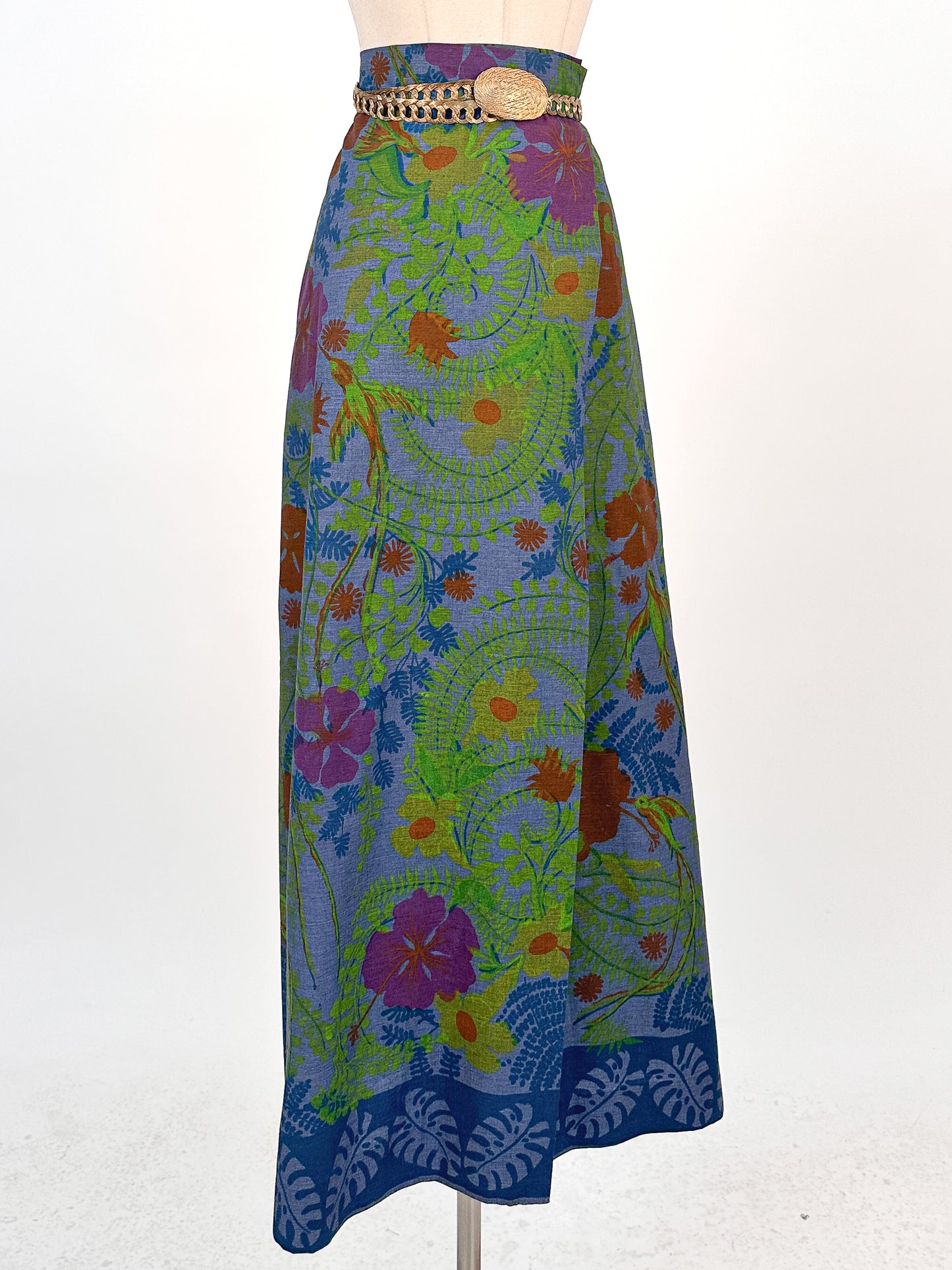 1960s Tropical Floral and Bird Print Cotton Wrap Skirt / Waist 30