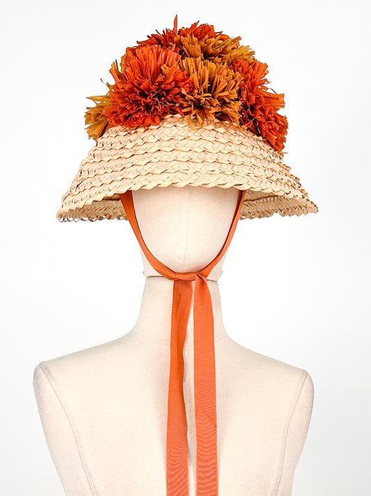 1950s Straw Sun Hat with Raffia PomPoms / One Size