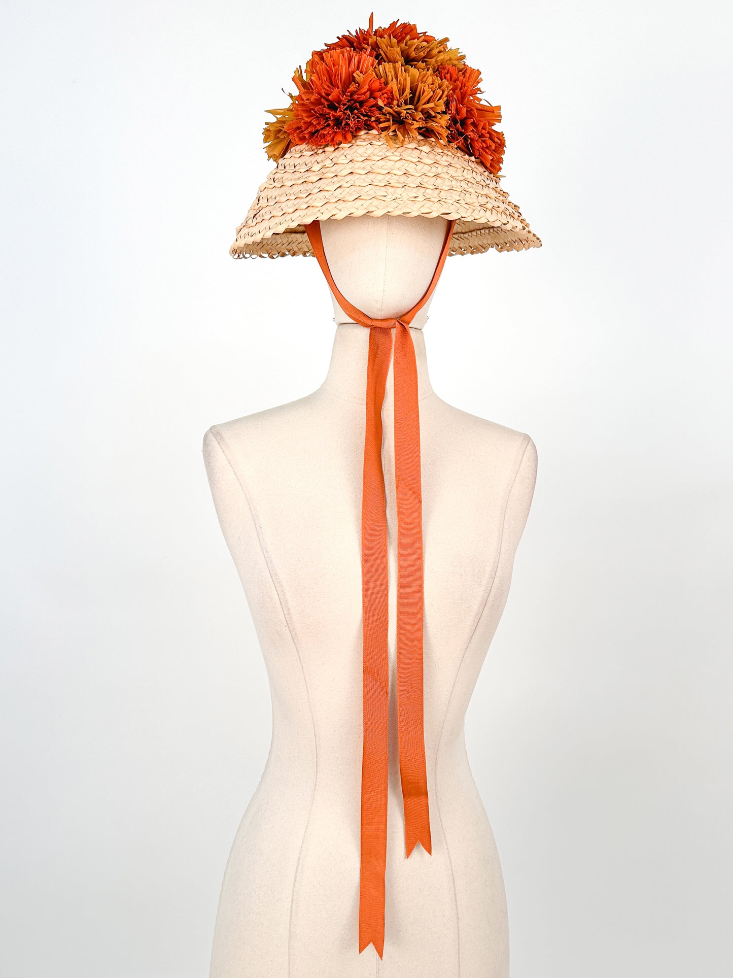 1950s Straw Sun Hat with Raffia PomPoms / One Size