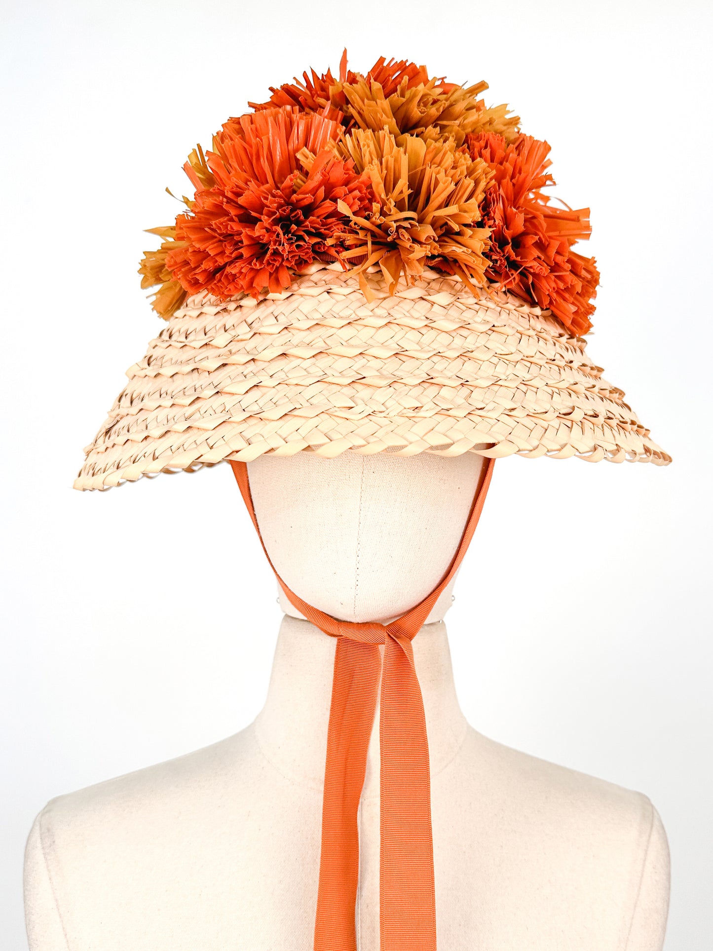 1950s Straw Sun Hat with Raffia PomPoms / One Size