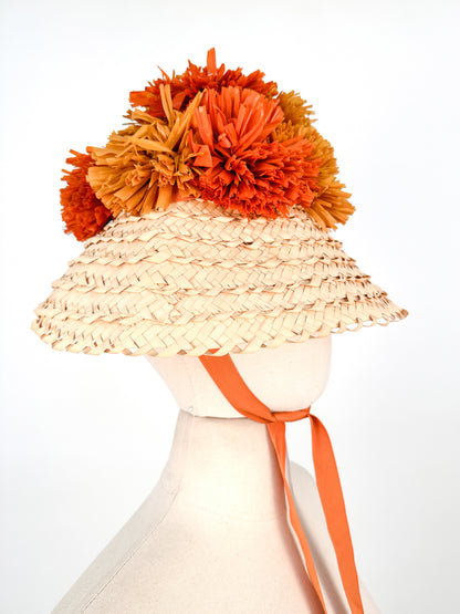1950s Straw Sun Hat with Raffia PomPoms / One Size